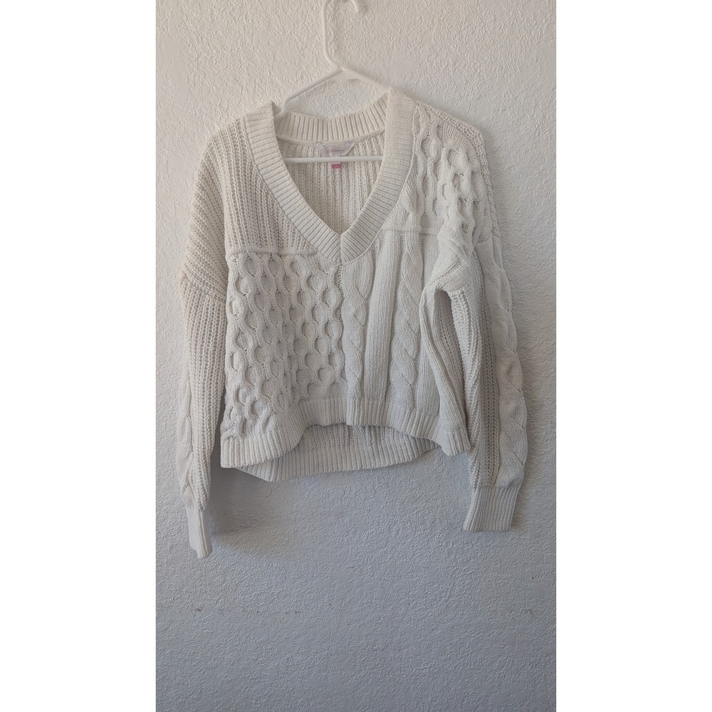 No Boundaries Cable Knit V-Neck Sweater Cropped Pullover Ivory XL